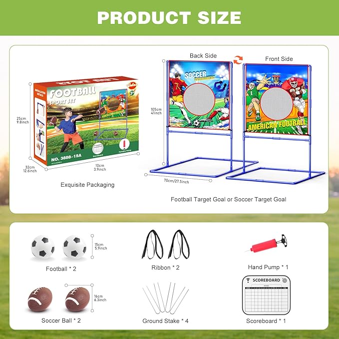 VATOS 2 in 1 Football Toss Target Games and Soccer Toy for Kids, Throwing Target Double-Sided Goal with 2 Inflatable Footballs & 2 Soccer Balls, Indoor Outdoor Back to School Activity Toy Gift
