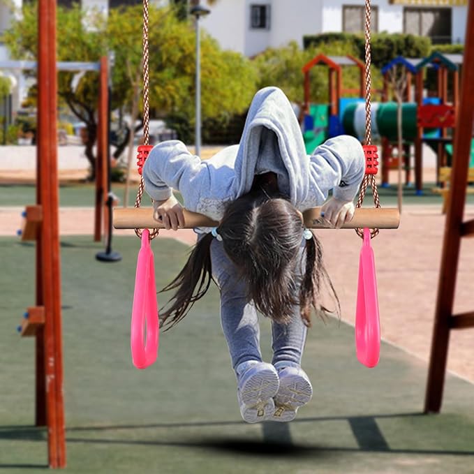 PELLOR Trapeze Bar Gym Rings -Trapeze Swing Bar for Playground Accessories Monkey Bars with Adjustable Rope Kit Equipment for Children Adult