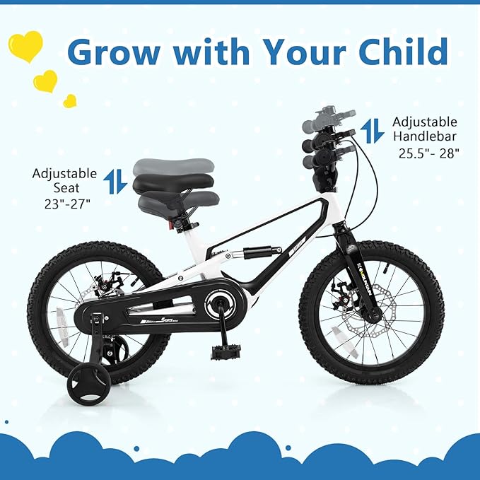 BABY JOY Kids Bike, 16" Magnesium Sporty Bicycle with Dual Disc Brakes, Removable Training Wheels, Body Suspension, Adjustable Handlebar & Saddle, Girls Boys Bike