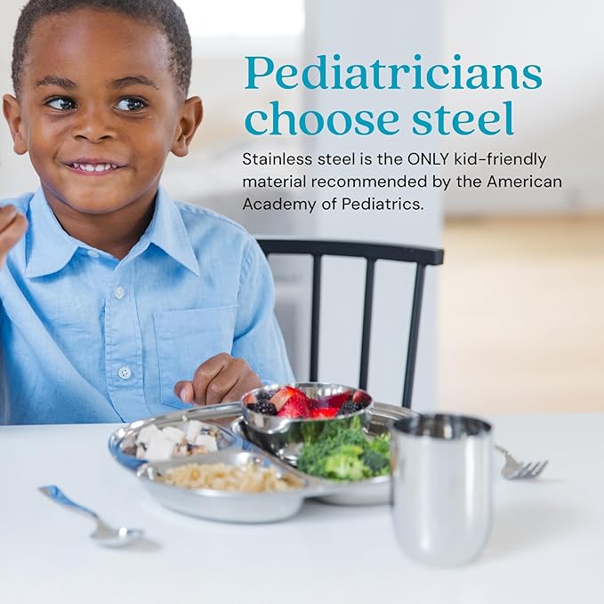 Ahimsa Stainless Steel Kids Dinnerware Set, Pediatrician Designed, 5 Piece Toddler Plates and Bowls Set, Stainless Steel Divided Plate, Cup and Kids Utensils
