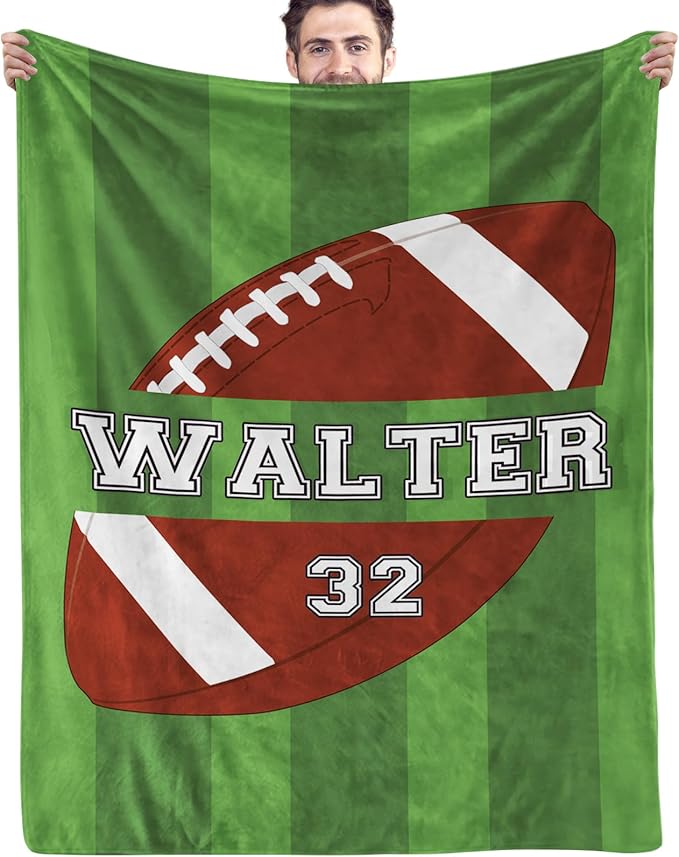 Personalized Football Blankets with Name Numbers, Custom Football Team Game Throw Flannel Blankets Stuff Gifts for Boys Sports Lover Fans Kids Adult