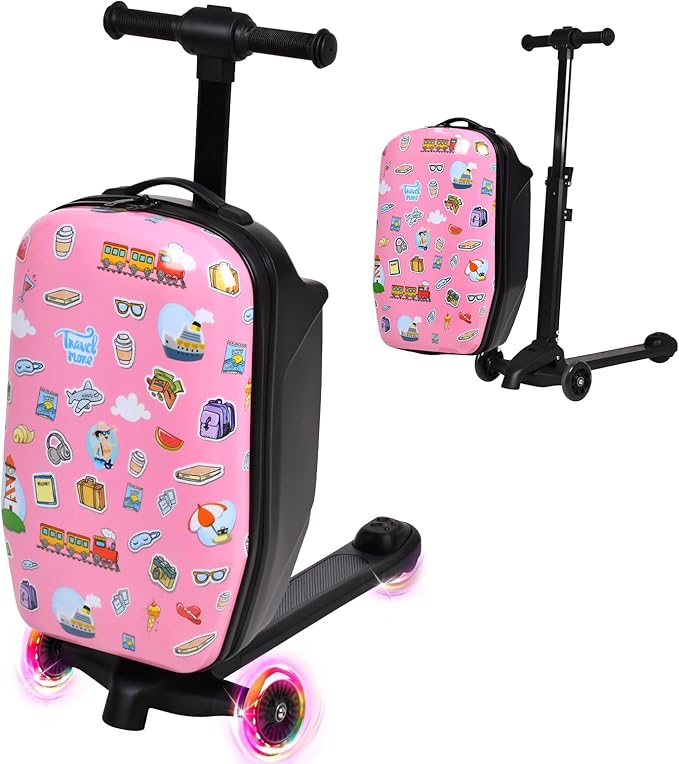 smilesun 4-in-1 Detachable Scooter Luggage for Kids & Teens, Foldable Hardside Ride On Suitcase with Wheels, Stylish and Safe Design(Pink)