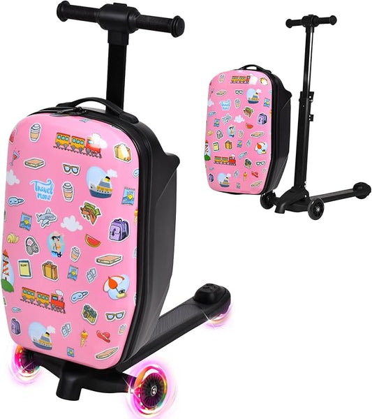 smilesun 4-in-1 Detachable Scooter Luggage for Kids & Teens, Foldable Hardside Ride On Suitcase with Wheels, Stylish and Safe Design(Pink)