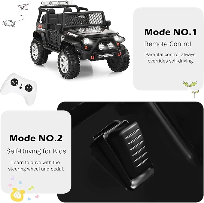 Costzon 2-Seater Ride on Truck, 12V Battery Powered Electric Vehicle w/Remote Control, 2 Speeds, Spring Suspension, LED Light, Horn, Music/ MP3, 2 Doors Open, Ride on Car for Kids (Black)