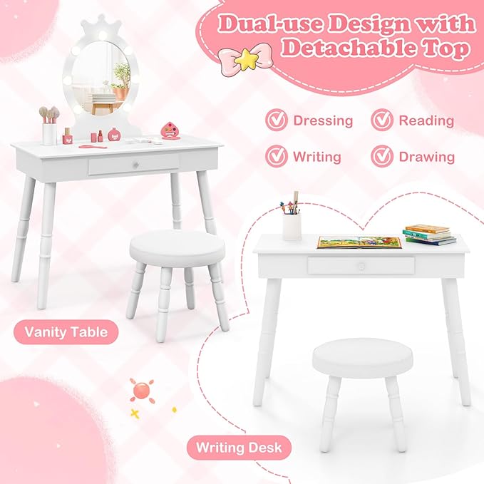 HONEY JOY Kids Vanity with Lights, Princess Wooden Makeup Table & Stool with Drawer, 3-Color LED Lights, Toddler Dressing Vanity for Little Girls, Pretend Play Kids Vanity Table and Chair Set (White)