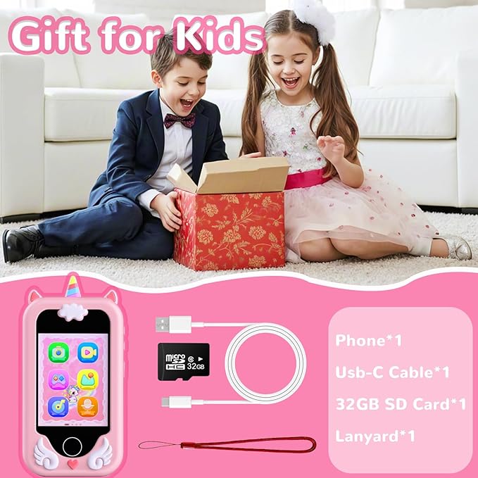 Kids Smart Phone Toys for Girls - Christmas Birthday Gift for Kids Aged 3-10, Toddler Toys Cell Phone with Dual Camera, Music Player, Educational Learning Games with 32GB Memory Card, Pink