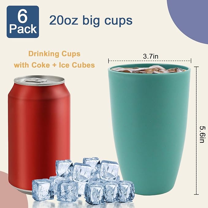 Wheat Straw Cup 20 OZ Large Drinking Glasses | Set of 6 Alternatives to Plastic Cups Reusable Unbreakable Drinking Cup Microwave and Dishwasher Safe Cups | Kitchen Water Glasses - Gree