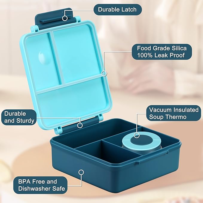 Itslife Bento Lunch Box for Kids with 8oz Soup Thermo&Lunch Bag, Leak-Proof Lunch Food Containers with 4 Compartment, Hot Food Insulated Food Jar for Kids School (Blue)