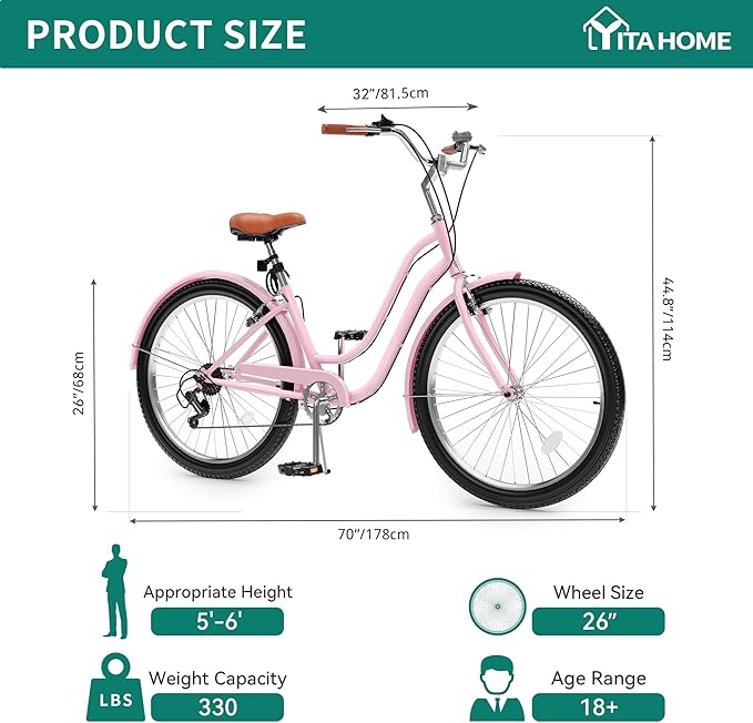YITAHOME 24 & 26 Inch Beach Cruiser Bike, 7 Speed & Single Speed Commute Bike, Step-Through Bicycle for Adult Women & Men, Steel Frame Cruiser Bike with Full Front & Rear Fenders