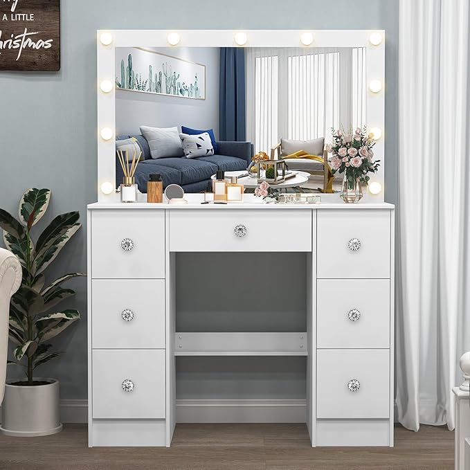 White Vanity Desk with Large Lighted Mirror, 39.4''W Makeup Vanity Desk with Lighted Mirror, Drawers, 3-Color Adjustable Brightness, Big Vanity Desk Dressing Table for Bedroom, Girls, Women Gifts