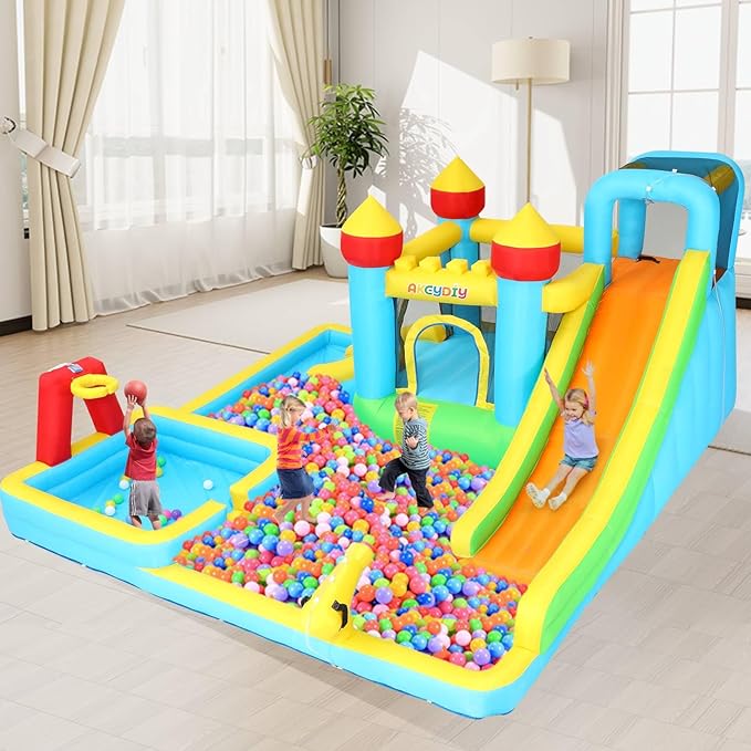 AKEYDIY Bounce House Water Slide, Inflatable Water Slide Park with with Long Slide, Pool, Climbing Wall, Water Gun for Outdoor, Blow up Water Slides Bounce House Castle for Kids Backyard Party Gifts
