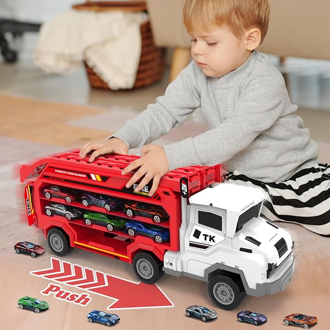 Toddler Car Truck Toys,Car Carrier Trucks Toy for Kids Age 3-5 4-8,Foldable Car Track Sets with 2.8-Ft Race Track and 6 Die-Cast Race Cars, Truck Toys Gifts for 3 4 5 6 7 8+ Year Old Boys Girls(Red)
