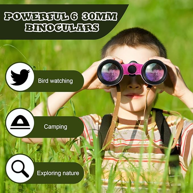 Libima 24 Pcs Binoculars for Kids Educational Compact Kids Binoculars with Neck String Toddler Telescope for Boys Girls Learning Bird Watching Camping Hiking Travel Safaris Birthday Gifts(Pink)