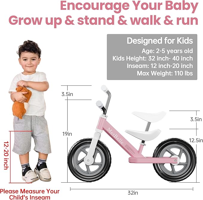 Toddler Balance Bike 2 Year Old,12”No Pedal Kids Indoor Outdoor Toy Bike 2-5 Years Old with Tool-Free Adjustments Seat, Lightweight First Bike Gift for 2-3 Boys Girls