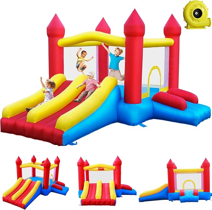 Dual Slide Bounce House, Inflatable Bouncy Castle with Blower, 5in1 Indoor Outdoor Children's Bouncer Jumper Playhouse w/Basketball Rim and Carry Bag, for Kids 3-12 (12‘D x 10’W x 6.7‘H)