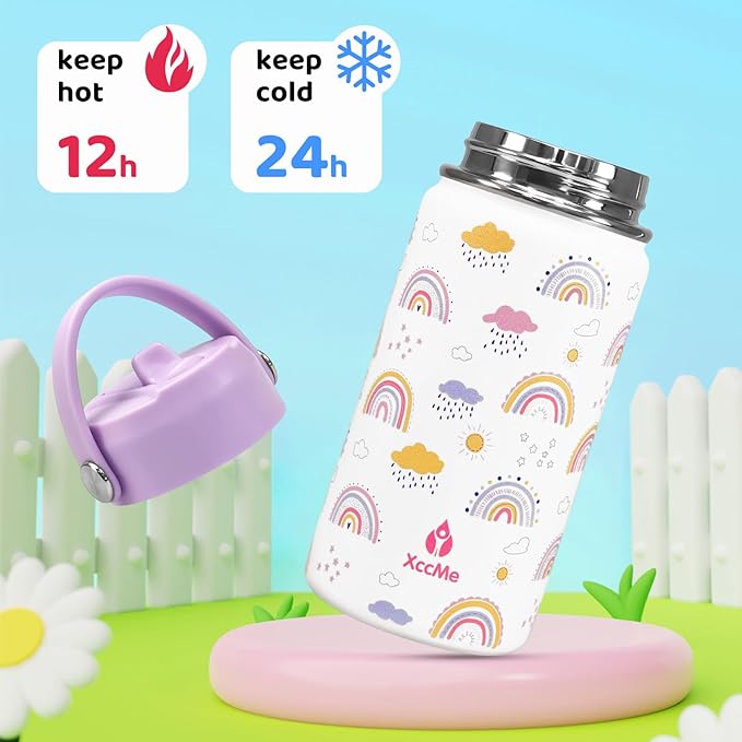 14 oz Rainbow Kids Water Bottle With Straw Lid,Stainless Steel Travel Bottle,Double Wall Leak Proof Kids Cup,Insulated Tumbler for Toddlers,Metal Bottle for School Boys Girls