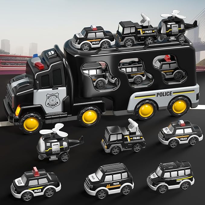 7 in 1 Police Trucks Cars Toys for Toddlers 3-5, Boy Toddler Car Truck Toys with Light Sound, Birthday Gifts Toys for 3 4 5 6 Year Old Boy, Transport Carrier Truck for Toddlers 3-5 Years