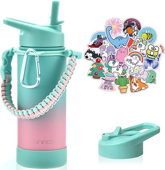 Mininoo Girls Water Bottle for School, 16oz Stainless Steel Insulated Metal Water Bottle with Straw Lid for Boys (Sky/Pink)