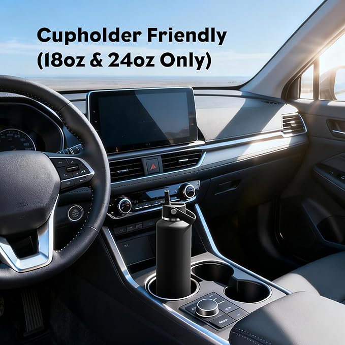 POWCAN 24 oz Slim Insulated Water Bottle with Straw: Leakproof, Keep Cold 24H, Cupholder Friendly, Top Handle, BPA-free, Stainless Steel Water Bottle for Sport, Travel, School, Gym (Midnight Black)