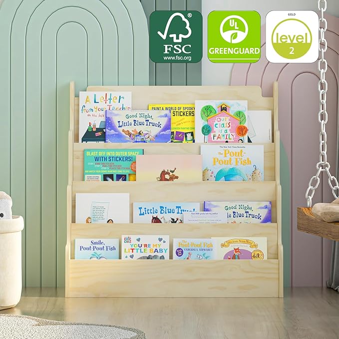 NACHES Kids Bookshelf Wooden 4 Tier Scalloped Bookshelf Toddler Montessori Bookcase Children Front Facing Display Book Shelves for Nursery Kids Room Reading Room Bedroom Classroom