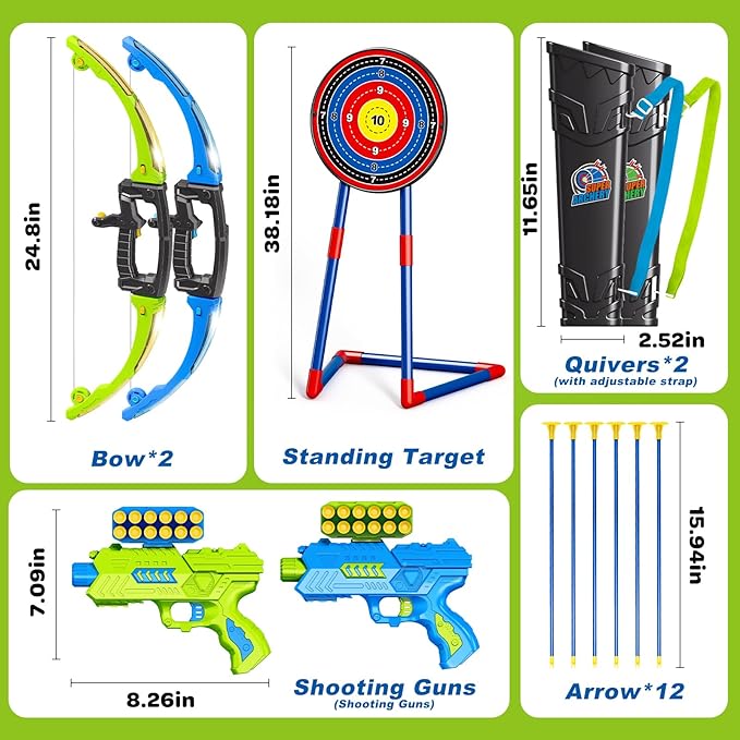 2 in 1 Pack Bow and Arrow Set for Kids 6 Year Old Boy Gifts Boy Toys Age 6-8,Archery Set with Lights Sport Shooting Games for Kids 5-12 Year Old Birthday Gifts Indoor Outdoor