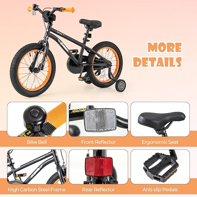 BABY JOY Outer Space Kids Bike, 14 16 18 Inch Sport Bicycle for 3-8 Years Old w/Adjustable Saddle, Training Wheels, Widened Tyre, Handbrake & Coaster Brake, 95% Pre-Assembled Girls Boys Bike