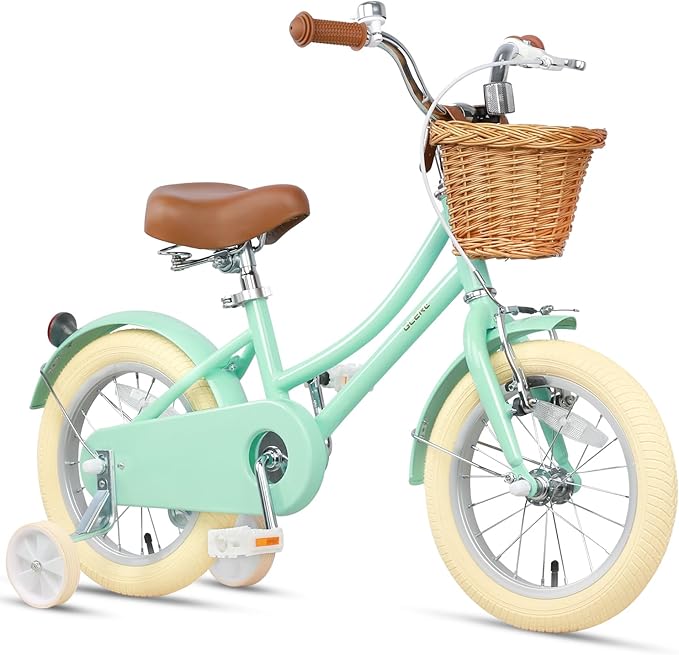 Glerc Little Molly 12-20 Inch Kids Retro Cruiser Bike for 2-13 Year Old with Wicker Basket & Training Wheels/Kickstand, Multiple Colors