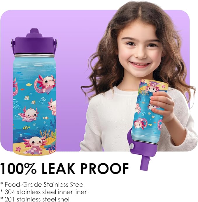 Axolotl Gifts for Girls 16 oz Kids Water Bottle with Straw Lid, Stainless Steel Insulated Tumbler, Leak Proof, BPA-Free,Adorable Ocean Animal Mug Cup for Sports,Travel Children Birthday Gifts (1pc)
