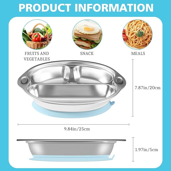 Mrs. Chou® Stainless Steel Kids Plates Suction Plates Divided Baby Plates Toddler Plate, Ideal for Infant Baby-Led Weaning Bowls Non-Toxic Feeding Supplies Dishwasher Safe BPA-Free 100% Food-Grade