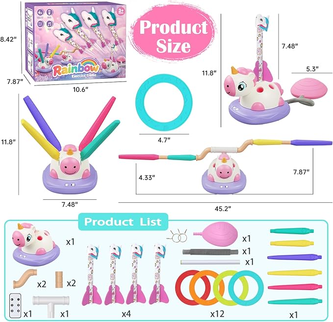 Outdoor Games Toys for Kids, 3 in 1 Rocket Launcher, Musical Jumping & Ring Toss Games with Remote Control, Unicorn Toys for Girls Age 4-6, Outdoor Play Toy for Toddlers 3-5 4-8 Birthday Gift Party