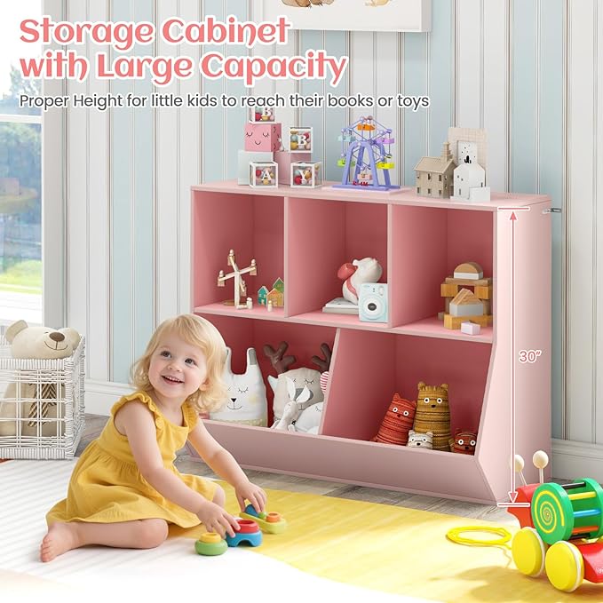 Costzon Toy Organizers and Storage with Bookshelf, Wooden 5 Cubby Children’s Book Shelf Toy Storage Cabinet Bookcase for Kids Room, Playroom, Kindergarten, Nursery (Pink)