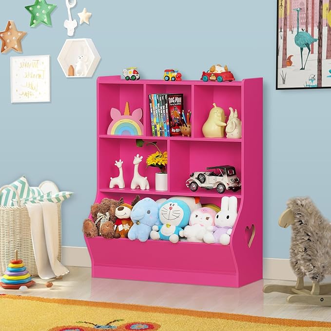 Lerliuo Kids Storage Organizer, 3 Tier Children Bookcase and Bookshelf, Toddler 6 Cubby Cabinet, Wood Book Shelf for Playroom, Bedroom, Living Room, Nursery, School 39.17'' H (Pink)