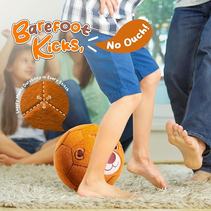 Silent Indoor Soccer Balls for Toddlers, Inflatable Soft Plush Baby Toddler Soccer Ball Toys Gifts for 0+Year Old Boy Girl First Birthday Gift (Bear, Pump Include)