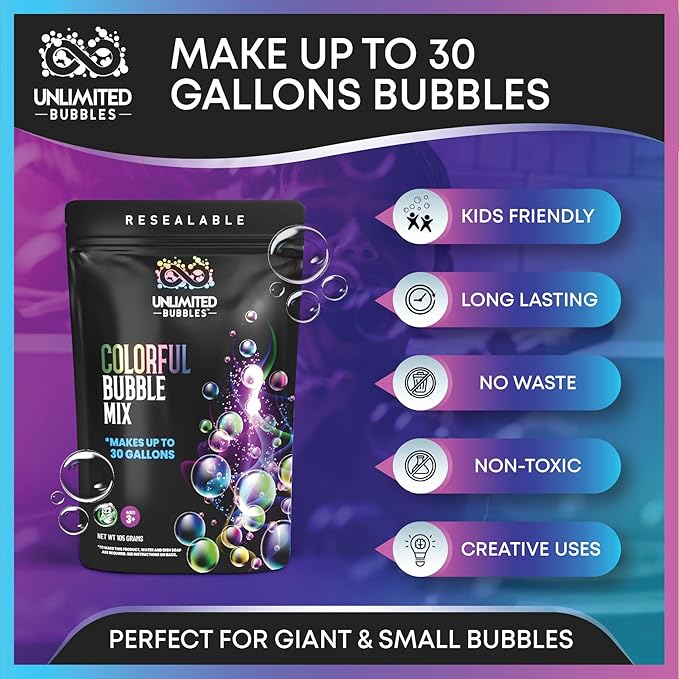 Bubble Solution Mix: Makes up to 30 gallons of Bubble Liquid for Continuous Bubble Entertainment.