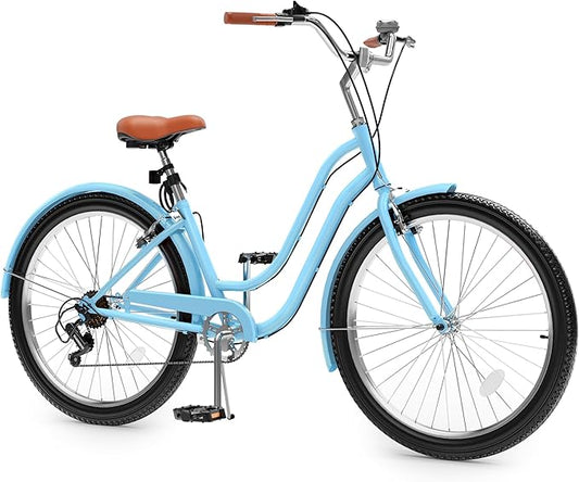 YITAHOME 24 & 26 Inch Beach Cruiser Bike, 7 Speed & Single Speed Commute Bike, Step-Through Bicycle for Adult Women & Men, Steel Frame Cruiser Bike with Full Front & Rear Fenders