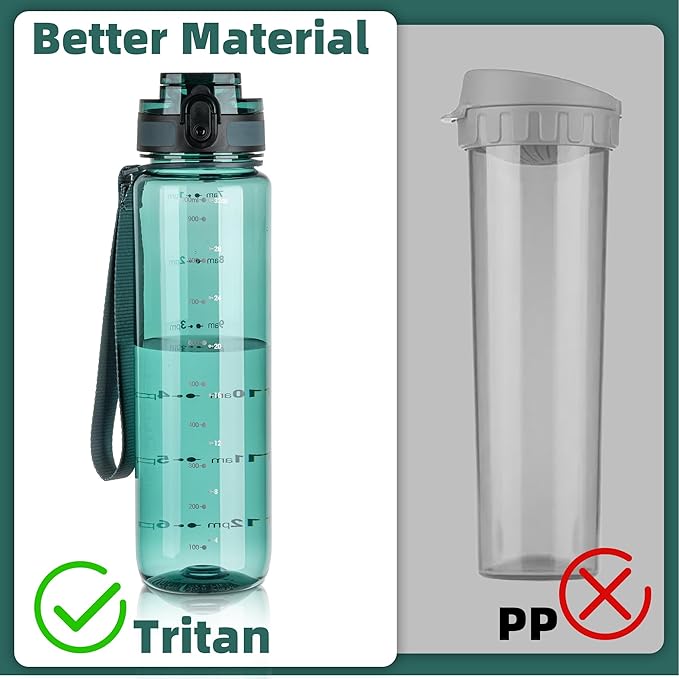 OLDLEY 32 oz Water Bottle, Motivational Water Bottle with Time Marker, Sports Water Bottle With Strap, Leakproof & BPA Free Large Water Bottles for School, Gym, Travel, Tritan, Transparent Dark Green