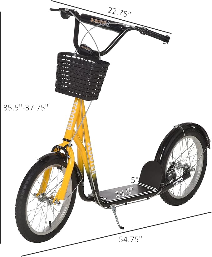 Aosom Youth Scooter, Kick Scooter with Adjustable Handlebars, Double Brakes, 16" Inflatable Rubber Tires, Basket, Cupholder