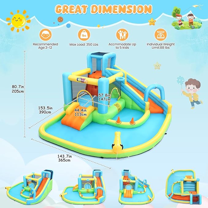 AKEYDIY Kids Bounce House with Long Slide,Ball Pit,Climbing Wall, Large Water Park W/GFCI Blower,Adventure Slide Park Inflatable Water Park for Kids Indoor Backyard