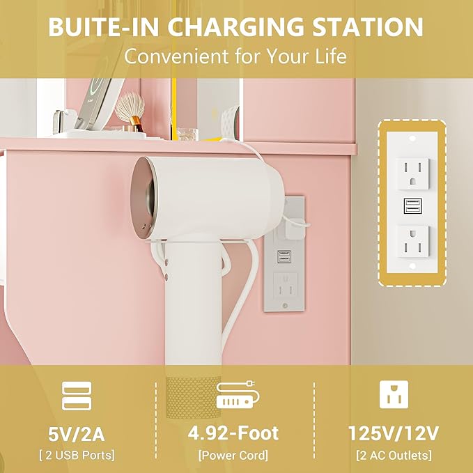 Small Vanity Desk with Mirror and Lights, Makeup Vanity Table Set with 3 Lighting Modes & Adjustable Brightness, Power Outlet, Storage Drawers, Cushioned Stool, Dressing Table for Women Girls