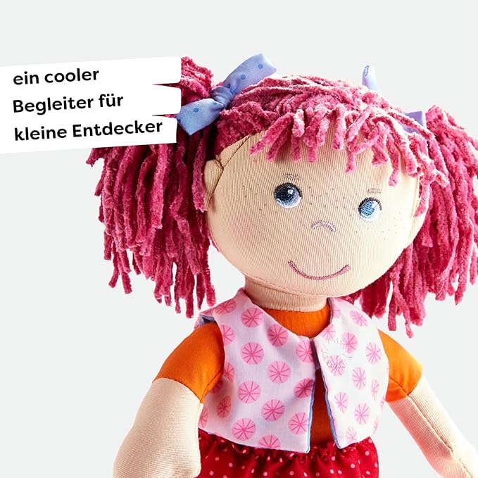HABA Lilli-Lou 12" Soft Doll with Pink Hair in Pigtails, Blue Eyes & Embroidered Face, Machine Washable Baby Doll for Ages 18 Months+