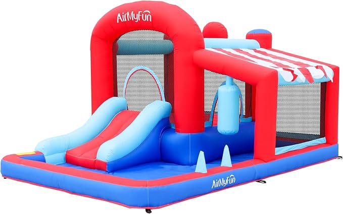 AirMyFun Inflatable Water Slide Bounce House with Long Curved Slide for Kids with Blower, Family Backyard Bouncy Castle with Fun Doorway Tunnel, Climbing Wall and Ball Shooting (Classics)