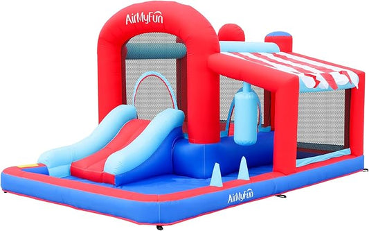 AirMyFun Inflatable Water Slide Bounce House with Long Curved Slide for Kids with Blower, Family Backyard Bouncy Castle with Fun Doorway Tunnel, Climbing Wall and Ball Shooting (Classics)