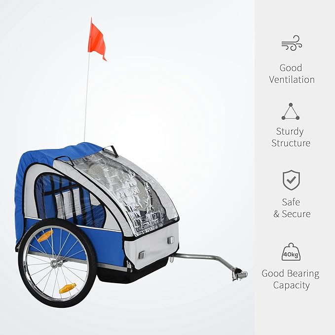 Aosom 2-Seat Child Bike Trailer for Kids with a Strong Steel Frame, 5-Point Safety Harnesses, & Comfortable Seat