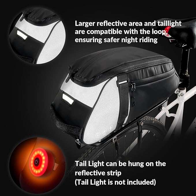 WOTOW Reflective Rear Rack Bag, Water Resistant Bike Saddle Bag Panniers for Bicycles Ebike, 8L Trunk Storage Bag, Cycling Back Seat Cargo Carrier Pouch With Shoulder Strap (With Rain Cover)