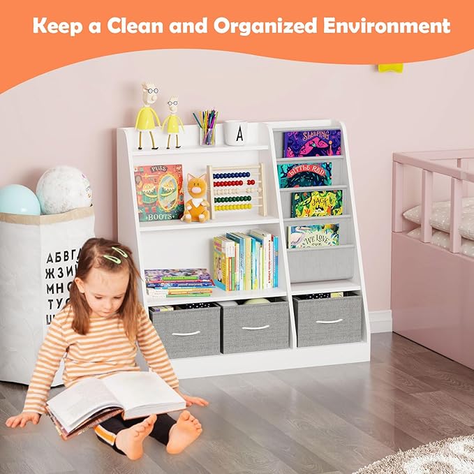 White Kids Bookshelf Wood Toy Storage Organizer Cabinet Children Bookcase Toddler Baby Sling Book Rack 3 Cube Bins Fabric Drawers for Playroom Bedroom Nursery School