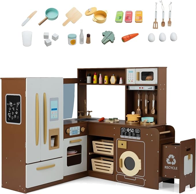 Costzon Corner Kitchen Playset, Kitchen Toy Set w/Real Lights & Sounds, Large Fridge, Ice Maker, Oven, Microwave, Washer, Trash Can & 22 Accessories, Wooden Pretend Play Kitchen for Kids 3+ (Brown)