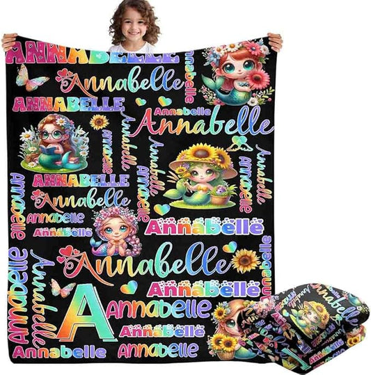 Custom Girl Blanket with Name Personalized Cute Pink Princess Blanket for Newborn Customized Soft Flannel Throw Blanket Memorial Gift for Toddler on Birthday Baby Shower Christmas (Mermaid-4)