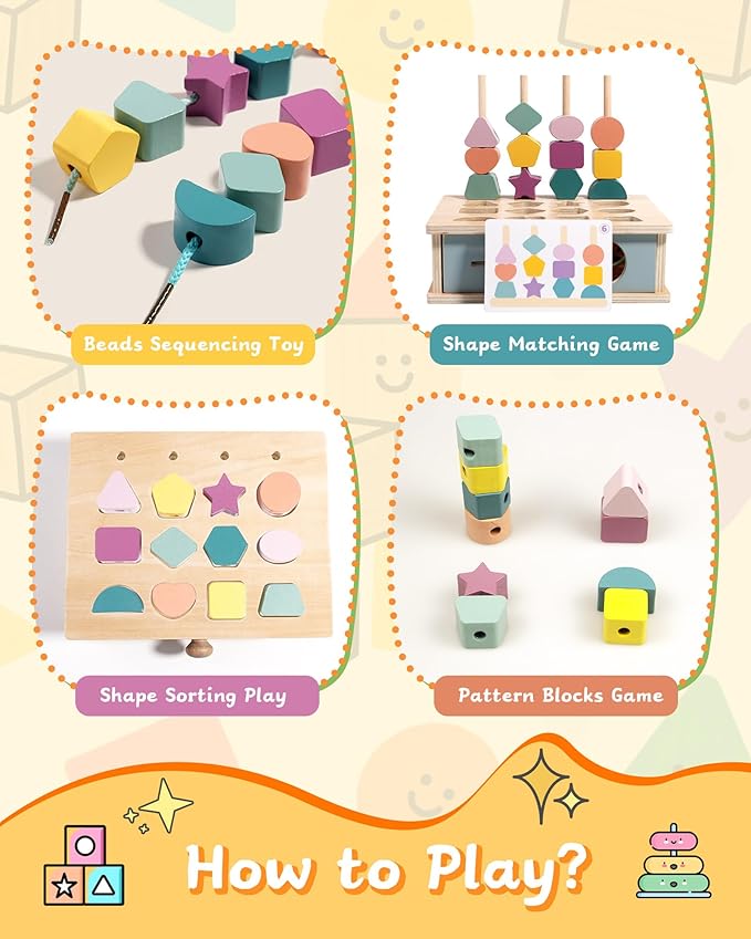 Montessori Toys for 3 4 5 Year Old - 5 in 1 Learning Education Toy for Toddler Kid Boys Girls - Shape Matching Stacking Color Sorting Beads Lacing Sensory Fidget Gifts