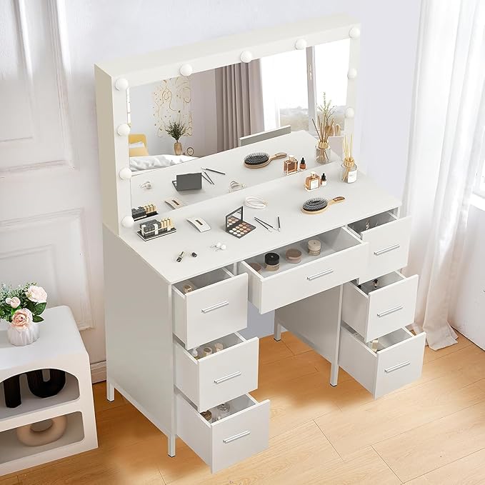 Hollywood Vanity Set, 3 Color Light Modes, Large Lighted Mirror with Brightness Adjustable, 7 Drawers for Storing Items, White Makeup Table for Girls and Women