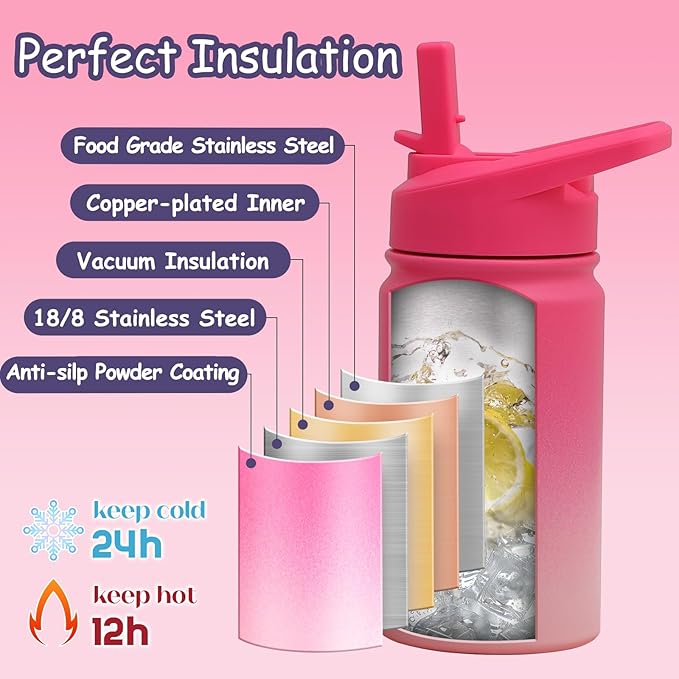 Mininoo Insulated Kids Water Bottle, 12 oz Stainless Steel Water Bottle Kids with Straw Lid and Chug Lid for Girls, Boys (Sweat Peach)